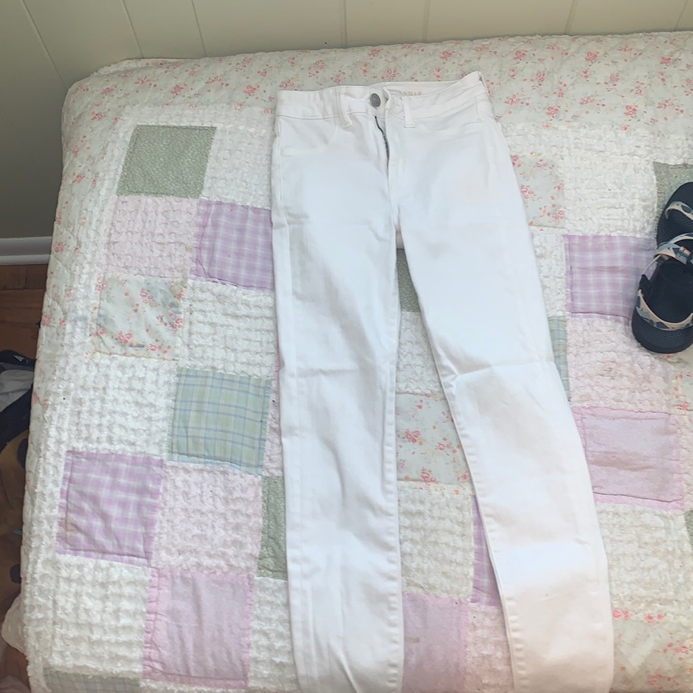 white skinny jeggings, extra long, barley worn